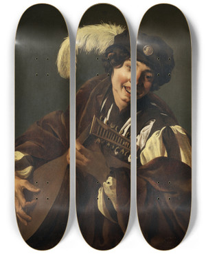 Triptych art skateboard deck of Hendrick Ter Brugghen A Boy Playing The Lute by Hendrick Ter Brugghen (1588-1629)
