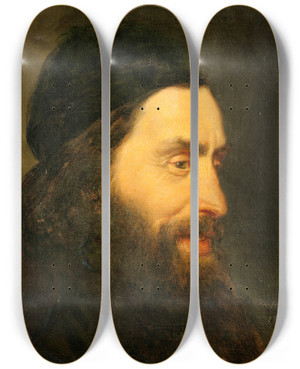 Triptych art skateboard deck of Carl Dunker Study Of A Head by Carl d'Unker (1829-1866)
