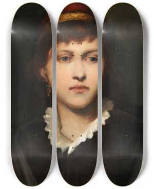 Triptych art skateboard deck of Gabriel Von Max Bildnis Eines Mdchens Mit Haube Und Ohrschmuck by Gabriel Von Max (1840-1915)