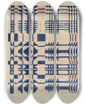 Triptych art skateboard deck of Martha Sancher Shaker Coverlet by Martha Sancher