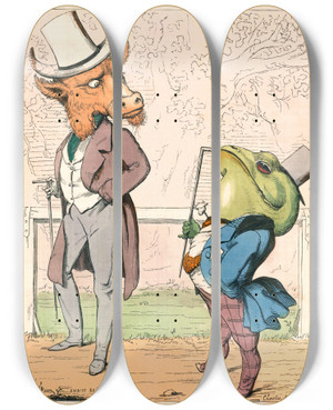 Triptych art skateboard deck of Charles Henry Bennett The Frog And The Ox by Charles H Bennett (1828-1867)