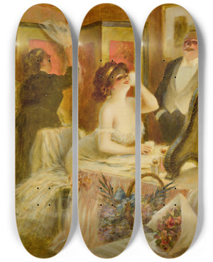 Triptych art skateboard deck of Albert Guillaume The Dressing Room by Albert Guillaume (1873-1942)