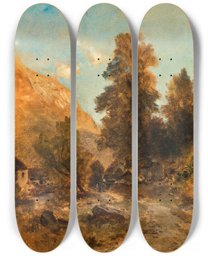 Triptych art skateboard deck of Eduard Peithner Von Lichtenfels A Village by Eduard Peithner Von Lichtenfels (1833-1913)