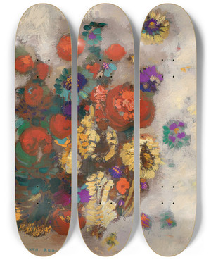 Triptych art skateboard deck of Odilon Redon Bouquet De Fleurs by Odilon Redon (1840-1916)