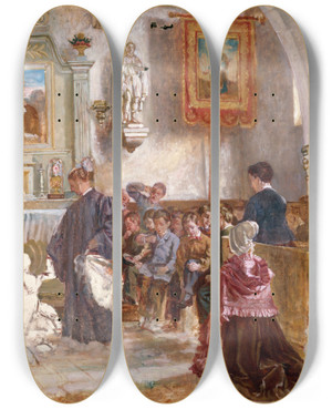 Triptych art skateboard deck of Auguste Dutuit Catchisme Dans Une Glise by Auguste Dutuit (1807-1886)