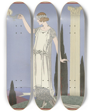 Triptych art skateboard deck of George Barbier Psych Robe Du Soir De Worth by George Barbier (1882-1932)