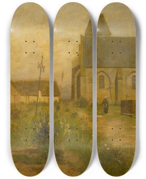 Triptych art skateboard deck of Eugen Jettel Landscape With A Church And A Graveyard by Eugen Jettel (1845-1901)