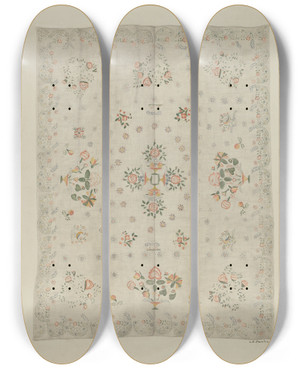 Triptych art skateboard deck of Arlene Perkins Bedspread by Arlene Perkins
