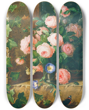 Triptych art skateboard deck of Josef Lauer Blumenstillleben by Josef Lauer (1818-1881)
