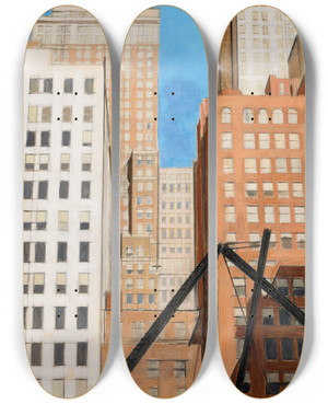 Triptych art skateboard deck of Bernard Boutet De Monvel Vue De New York by Bernard Boutet De Monvel (1881-1949)
