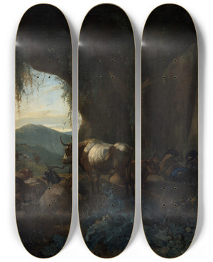 Triptych art skateboard deck of Willem Romeyn A Shepherd And Cattle In A Cave_1 by Willem Romeyn (1624-1694)