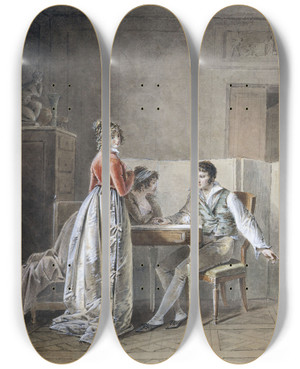 Triptych art skateboard deck of Jeanbaptiste Mallet Conversation Dans Un Intrieur by Jean-Baptiste Mallet (1759-1835)