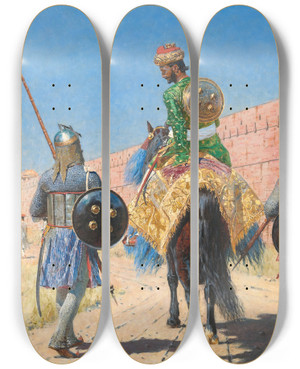 Triptych art skateboard deck of Vasily Vereshchagin Mounted Warrior In Jaipur by Vasily Vereshchagin (1842-1904)