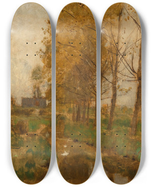 Triptych art skateboard deck of Eugen Jettel Willow Trees Autumn Landscape by Eugen Jettel (1845-1901)