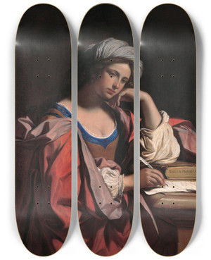 Triptych art skateboard deck of Guercino The Persian Sibyl by Guercino (1591-1666)
