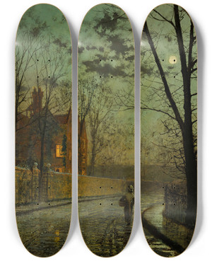 Triptych art skateboard deck of John Atkinson Grimshaw After The Shower by John Atkinson Grimshaw (1836-1893)