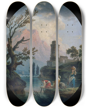 Triptych art skateboard deck of Claudejoseph Vernet Paysage Avec Lavandires by Claude Joseph Vernet (1714-1789)