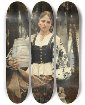 Triptych art skateboard deck of Casto Plasencia The Milkmaid by Casto Plasencia