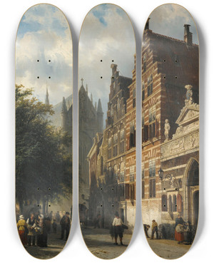 Triptych art skateboard deck of Cornelis Springer The Kerkgracht In Leiden by Cornelis Springer (1817-1891)