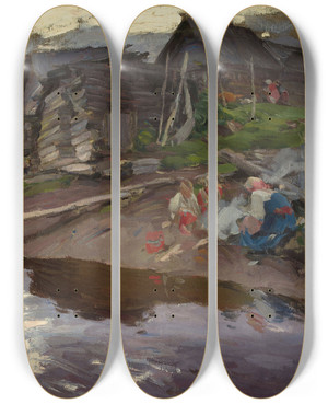 Triptych art skateboard deck of Abram Efimovich Arkhipov In The Evening_2 by Abram Efimovich Arkhipov (1862-1930)