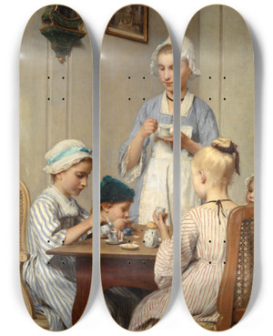 Triptych art skateboard deck of Albert Anker Children At Breakfast by Albert Anker (1831-1910)