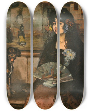 Triptych art skateboard deck of Ignacio Zuloaga Gitana Con Guantes Con Perro by Ignacio Zuloaga (1870-1945)