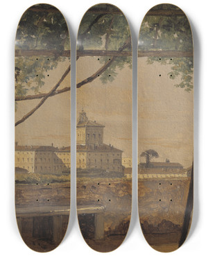Triptych art skateboard deck of Gustaf Sderberg View To The Quirinal From The Villa Malta Rome by Gustaf Soderberg (1799-1875)