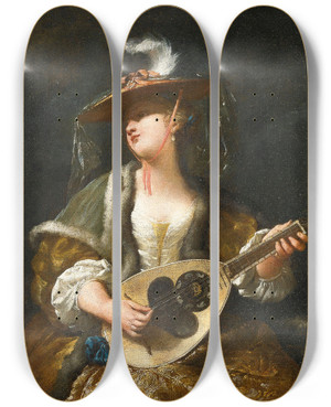 Triptych art skateboard deck of Jean Barbault A Lady Playing A Mandolin by Jean Barbault (1718-1762)