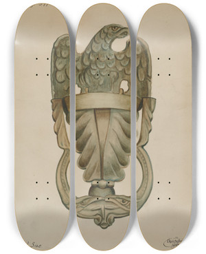 Triptych art skateboard deck of Christopher Hobbs Door Knocker by Christopher Hobbs