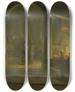 Triptych art skateboard deck of Aert De Gelder Christ Before Caiphas by Aert de Gelder (1645-1727)