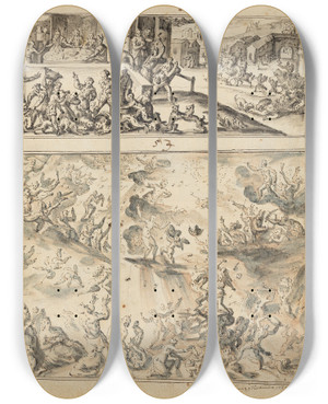 Triptych art skateboard deck of Bartholomus Dietterlin Das Gastmahl Des Reichen Jngstes Gericht by Bartholomaus Dietterlin (1609-1624)