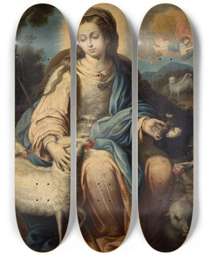 Triptych art skateboard deck of Alonso Miguel De Tovar The Virgin As Ashepherdess by Alonso Miguel De Tovar (1678-1758)