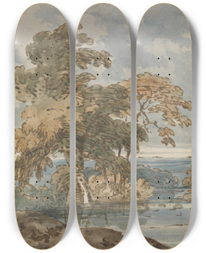 Triptych art skateboard deck of George Chinnery Trees By A River by George Chinnery (1774-1852)