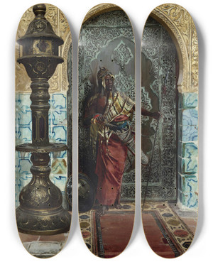 Triptych art skateboard deck of Rudolf Ernst Nubian Guard by Rudolf Ernst (1854-1932)