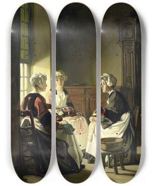 Triptych art skateboard deck of Joseph Bail The Lace Makers by Joseph Bail (1862-1921)