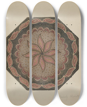 Triptych art skateboard deck of Beverly Chichester Octagonal Hooked Rug by Beverly Chichester (20-)