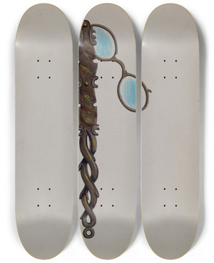 Triptych art skateboard deck of Charles Enjoian Tortoise Shell Lorgnette by Charles Enjoian