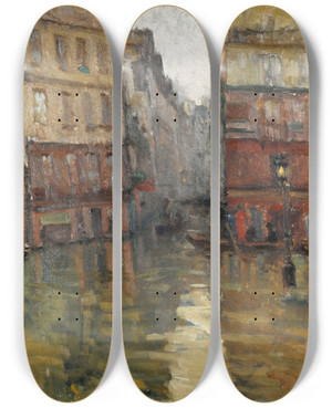 Triptych art skateboard deck of Germain Eugne Bonneton La Rue Matrealbert Inondations De 1910 by Germain Eugene Bonneton (1874-1915)