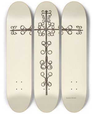 Triptych art skateboard deck of Gordena Jackson Wrought Iron Cross Restored by Gordena Jackson