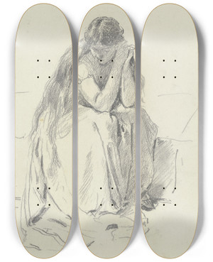 Triptych art skateboard deck of Otto Scholderer Sitzende Frau Mit Langem Haar Loreley by Otto Scholderer (1834-1902)
