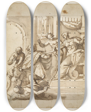 Triptych art skateboard deck of Antonio Aliense Allegorical Composition With Justice Restraining An Enthroned Queen by Antonio Aliense