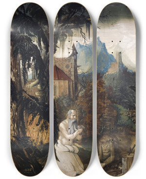 Triptych art skateboard deck of Hans Leu The Younger Saint Jerome In The Wilderness by Hans Leu The Younger (1490-1531)