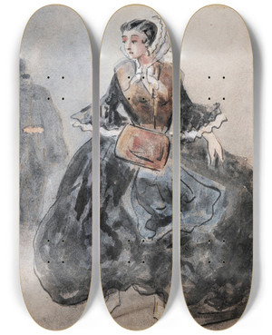 Triptych art skateboard deck of Constantin Guys Lady With A Muff by Constantin Guys (1805-1892)