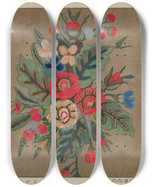 Triptych art skateboard deck of Ruth M Barnes Hooked Rug_4 by Ruth M Barnes