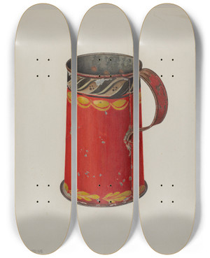 Triptych art skateboard deck of Charles Henning Measure Cup by Charles Henning