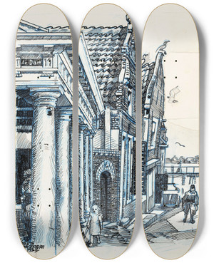 Triptych art skateboard deck of Martin Monnickendam Gezicht Langs Het Waaggebouw Te Monnickendam by Martin Monnickendam (1874-1943)