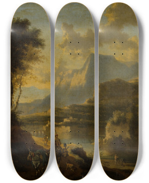 Triptych art skateboard deck of Jan Hackaert Mountainous Landscape With Rider At Sunset by Jan Hackaert (1629-1700)