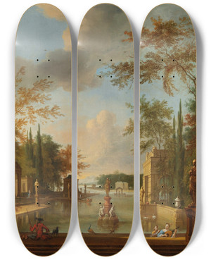 Triptych art skateboard deck of Frederik De Moucheron A Park Landscape With Musicians by Frederik De Moucheron (1633-1686)