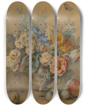 Triptych art skateboard deck of Jacques Andr Portail Flowers In A Silver Caster Fruit In The Foreground by Jacques Andre Portail (1695-1759)