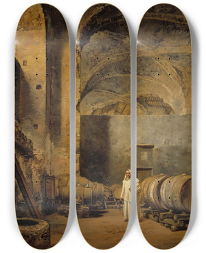 Triptych art skateboard deck of Alexander Laurus A Monk In A Ruin Which Has Been Made Into A Wine Cellar by Alexander Laureus (1783-1823)